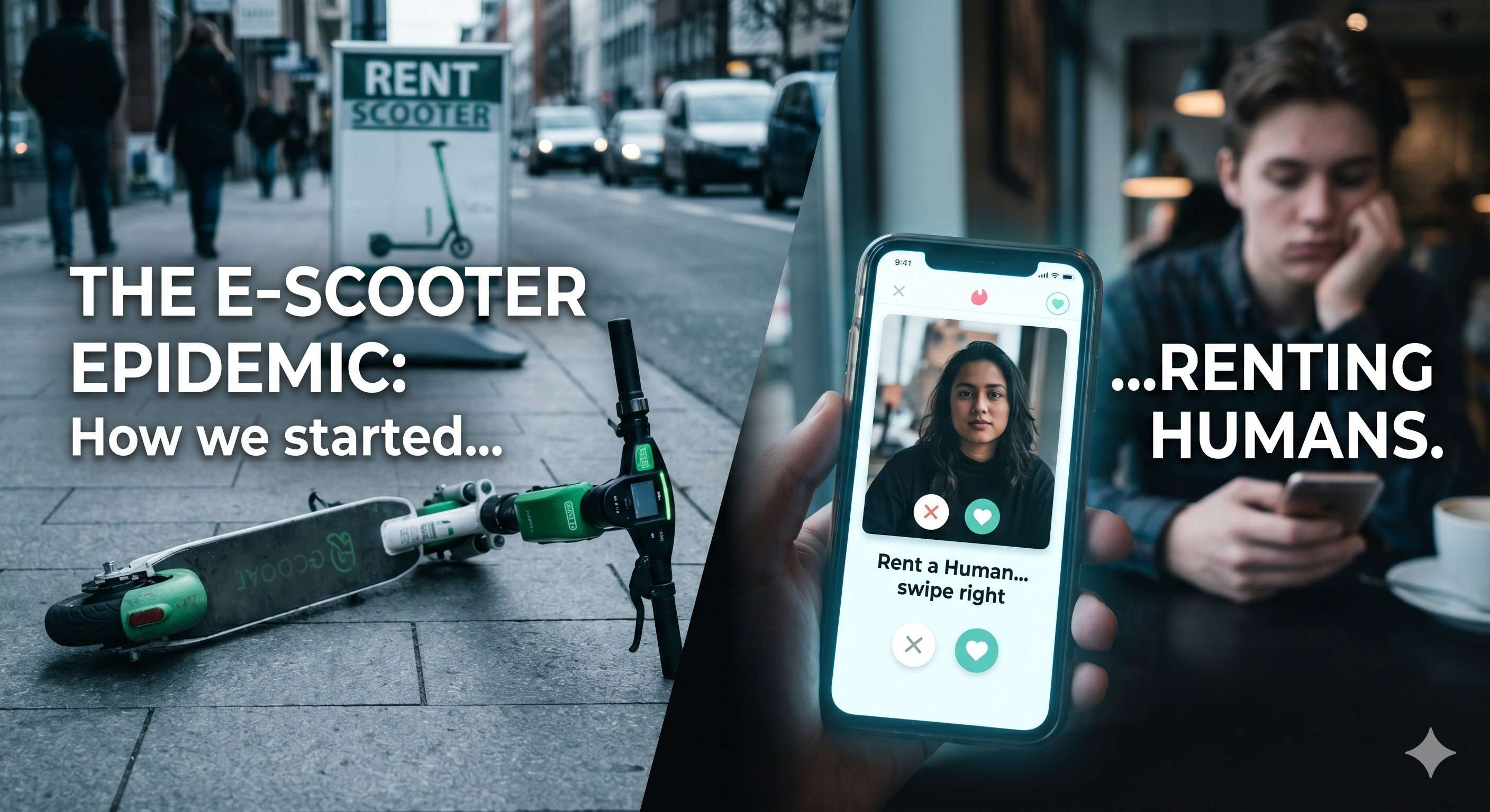 Split screen of an abandoned e-scooter and a glowing smartphone with a dating app
